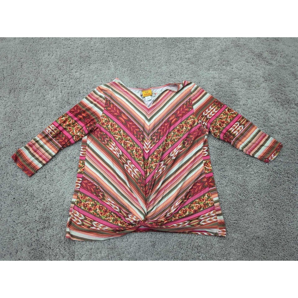 Ruby Rd Top Womens Large Floral Chevron Striped 3/4 Sleeve Twist Detail Front
